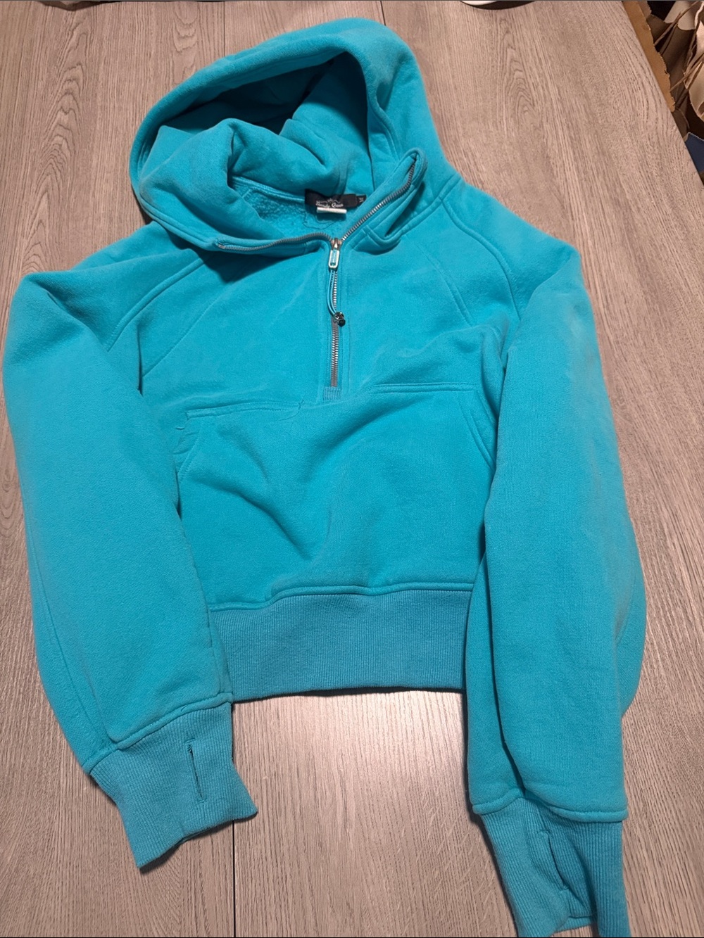 Women’s Cropped Teal Half-Zip Hooded Pullover Sweater